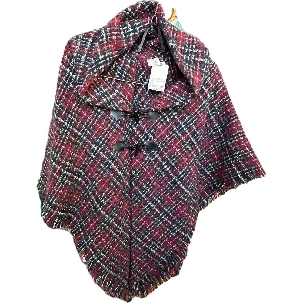 St Johns Bay Womens Red Multi Plaid Hooded Toggle Poncho Cape One Size NWT
